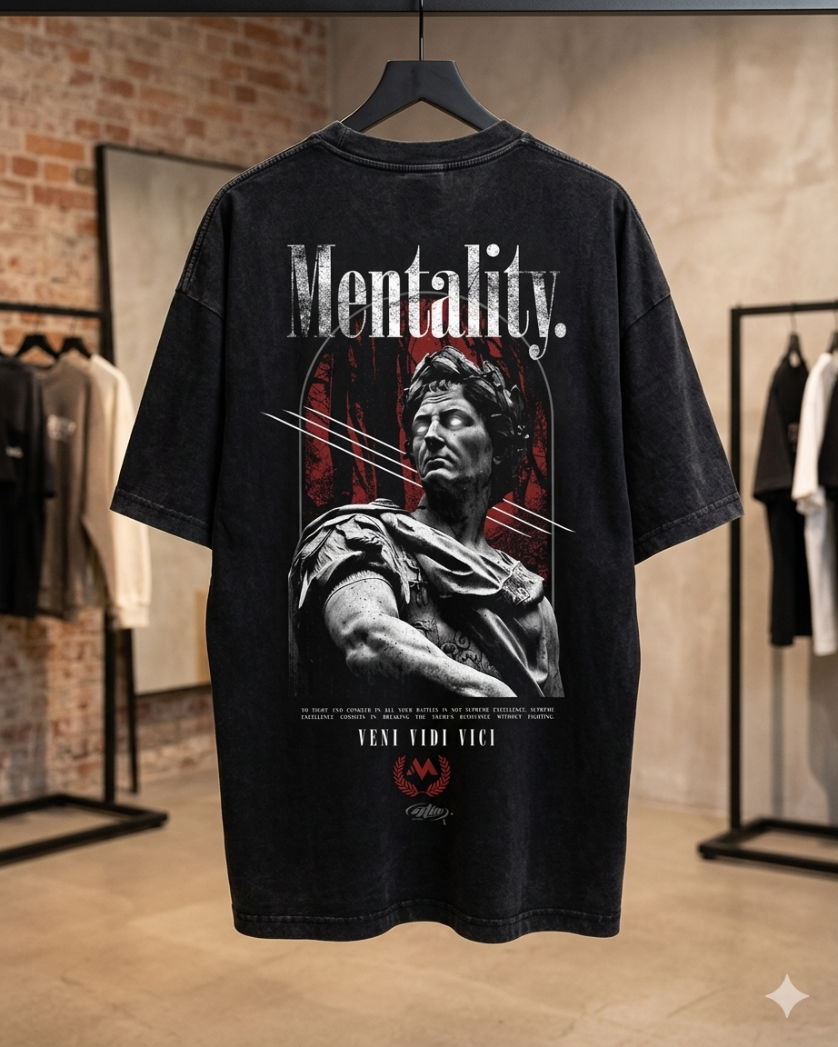 RELIC heavyweight oversized black tee featuring a Julius Caesar marble bust graphic with the word Mentality and Veni Vidi Vici